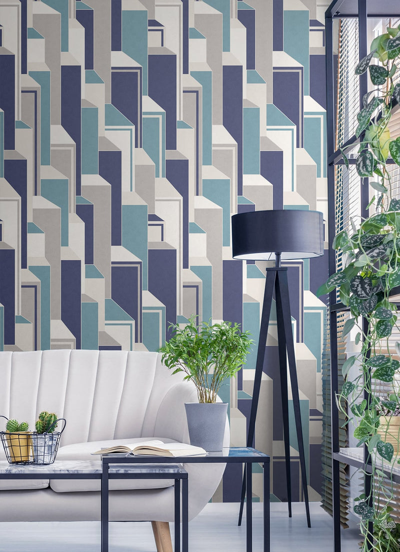 media image for Deco Geometric Wallpaper in Perry Teal and Indigo from the Mondrian Collection by Seabrook 24