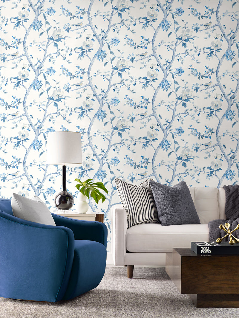 media image for Floral Trail Peel & Stick Wallpaper in Bluestone by Lillian August for NextWall 271