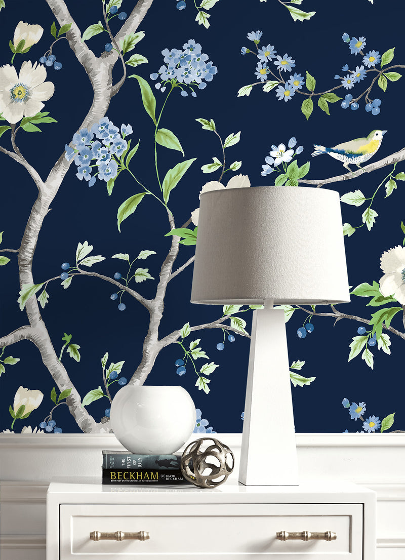 media image for Floral Trail Peel & Stick Wallpaper in Navy Blue/Spring Green by Lillian August for NextWall 288