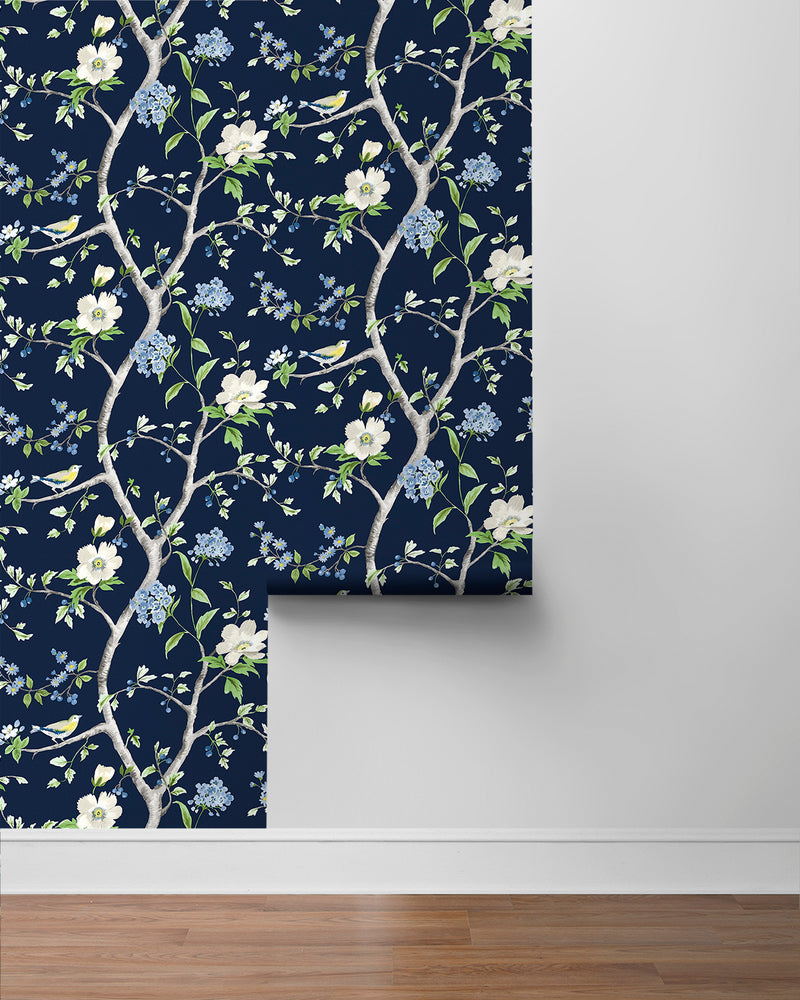 media image for Floral Trail Peel & Stick Wallpaper in Navy Blue/Spring Green by Lillian August for NextWall 285