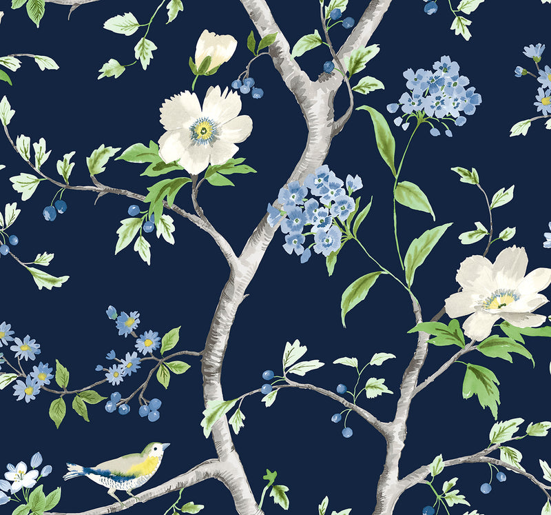 media image for Floral Trail Peel & Stick Wallpaper in Navy Blue/Spring Green by Lillian August for NextWall 211
