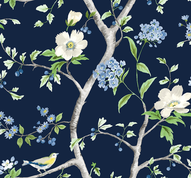 media image for Floral Trail Peel & Stick Wallpaper in Navy Blue/Spring Green by Lillian August for NextWall 297