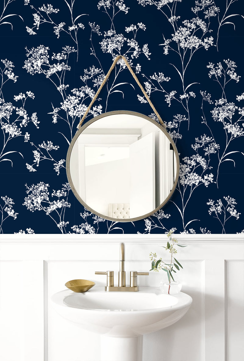 media image for Floral Mist Peel & Stick Wallpaper in Hampton Blue by Lillian August for NextWall 28