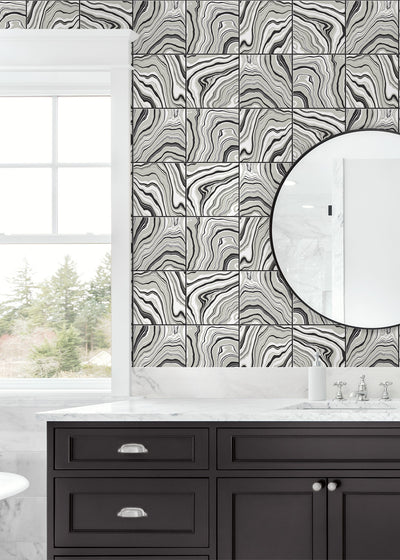 product image for Marbled Tile Peel & Stick Wallpaper in Ebony/Silver by Lillian August for NextWall 34