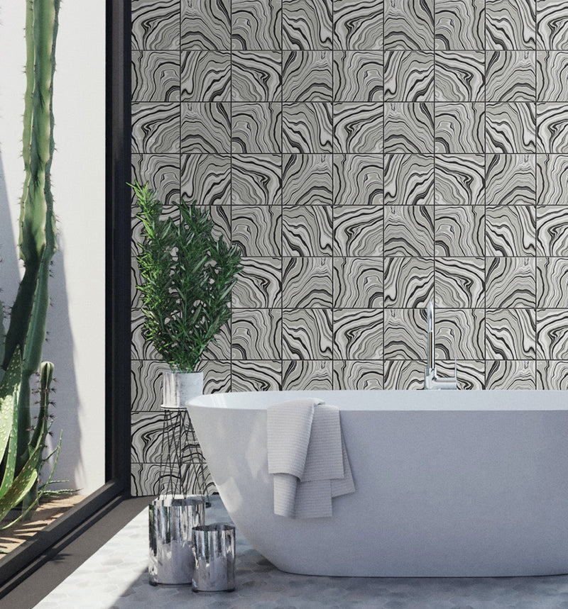 media image for Marbled Tile Peel & Stick Wallpaper in Ebony/Silver by Lillian August for NextWall 281