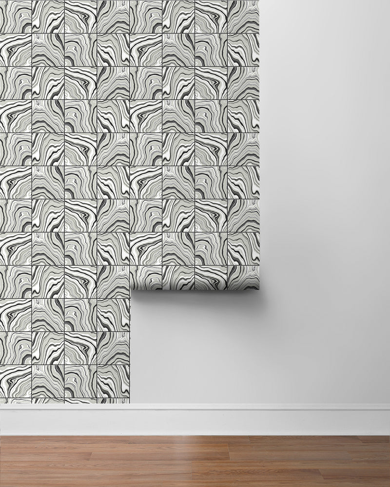 media image for Marbled Tile Peel & Stick Wallpaper in Ebony/Silver by Lillian August for NextWall 213