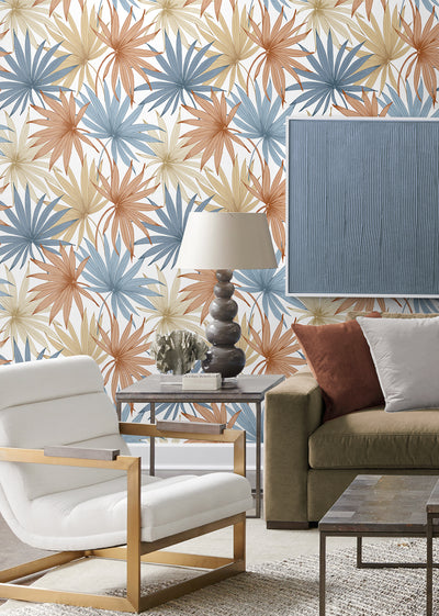 product image for Tropic Palm Toss Wallpaper in Charlotte Blue/Soft Melon by Lillian August 9