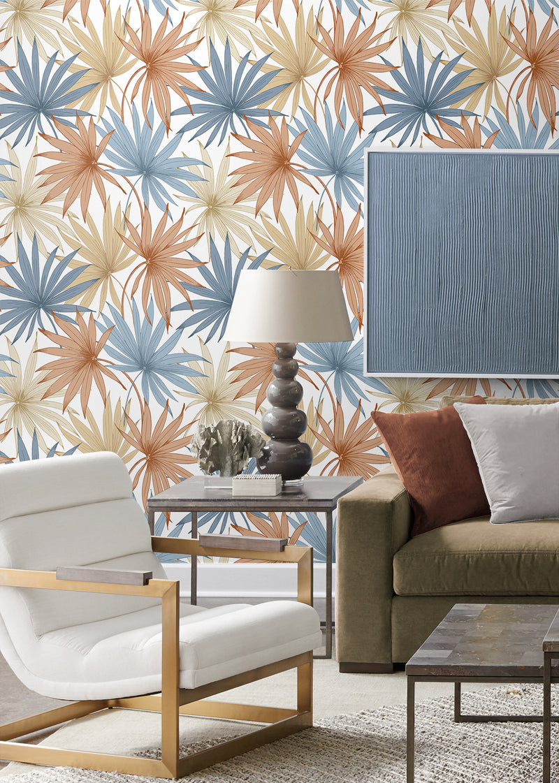 media image for Tropic Palm Toss Wallpaper in Charlotte Blue/Soft Melon by Lillian August 210