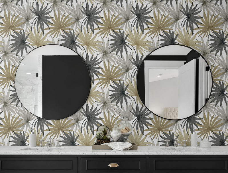 media image for Tropic Palm Toss Wallpaper in Harbor Grey/Khaki by Lillian August 285