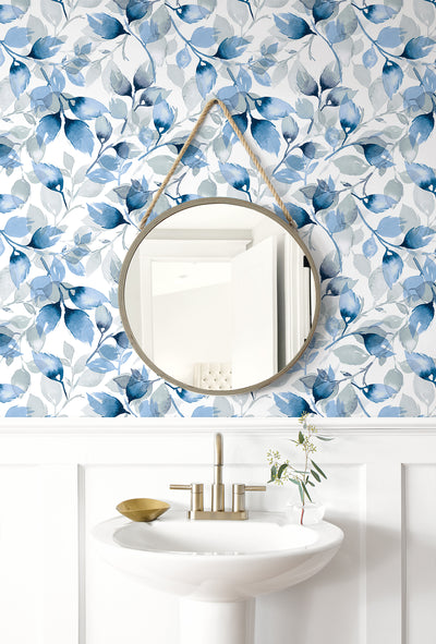 product image for Watercolor Tossed Leaves Wallpaper in Blue Lagoon by Lillian August 70