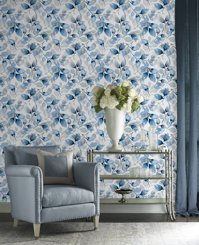 media image for Watercolor Tossed Leaves Wallpaper in Blue Lagoon by Lillian August 266