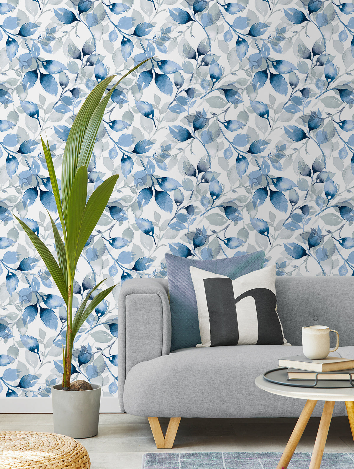 Shop Watercolor Tossed Leaves Peel & Stick Wallpaper in Blue Lagoon ...