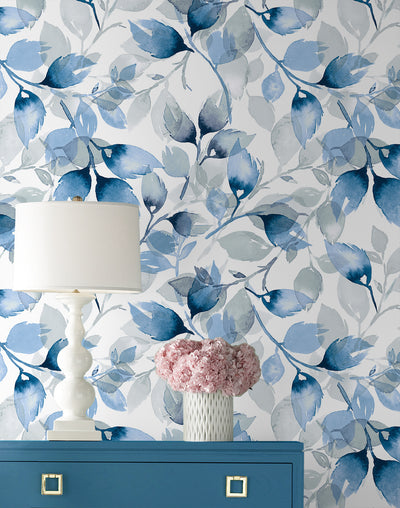 product image for Watercolor Tossed Leaves Wallpaper in Blue Lagoon by Lillian August 3