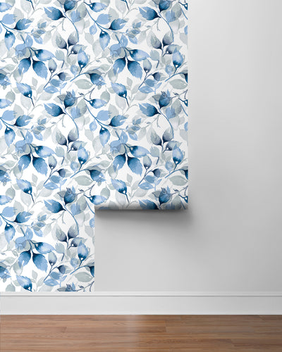 product image for Watercolor Tossed Leaves Wallpaper in Blue Lagoon by Lillian August 93