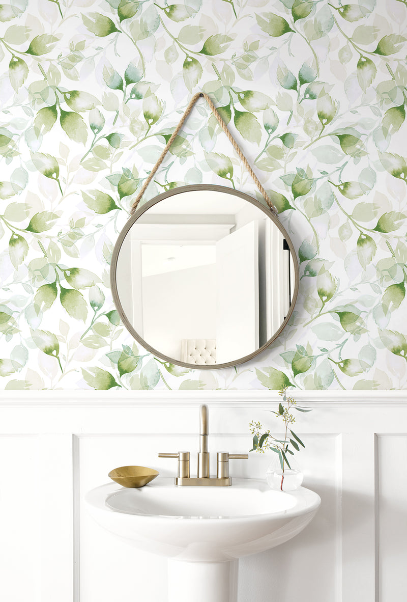 media image for Watercolor Tossed Leaves Wallpaper in Green Ivy by Lillian August 265