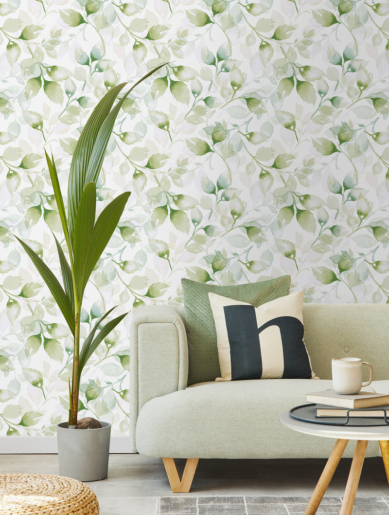 media image for Watercolor Tossed Leaves Wallpaper in Green Ivy by Lillian August 228