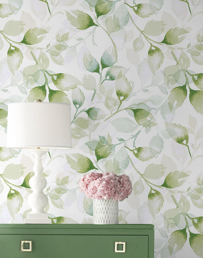 product image for Watercolor Tossed Leaves Wallpaper in Green Ivy by Lillian August 42