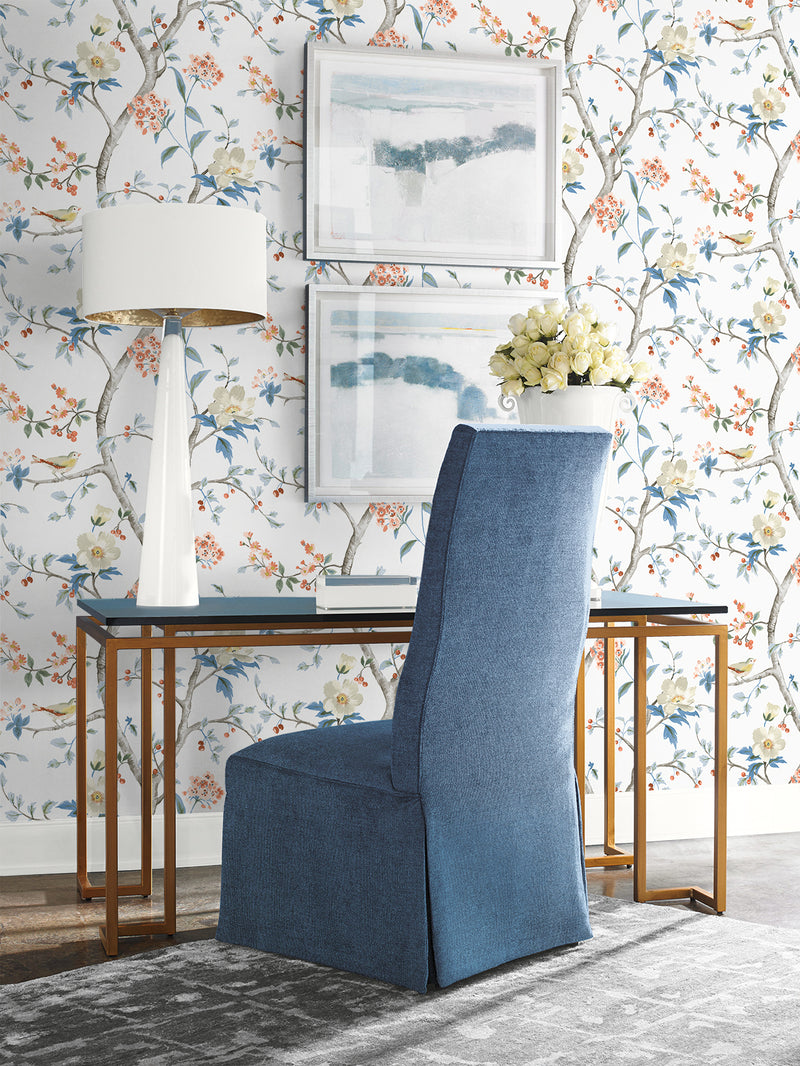 media image for Sparrow Haven Wallpaper in Melon & Carolina Blue 293