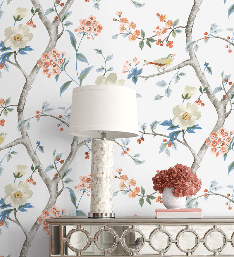 media image for Sparrow Haven Wallpaper in Melon & Carolina Blue 218