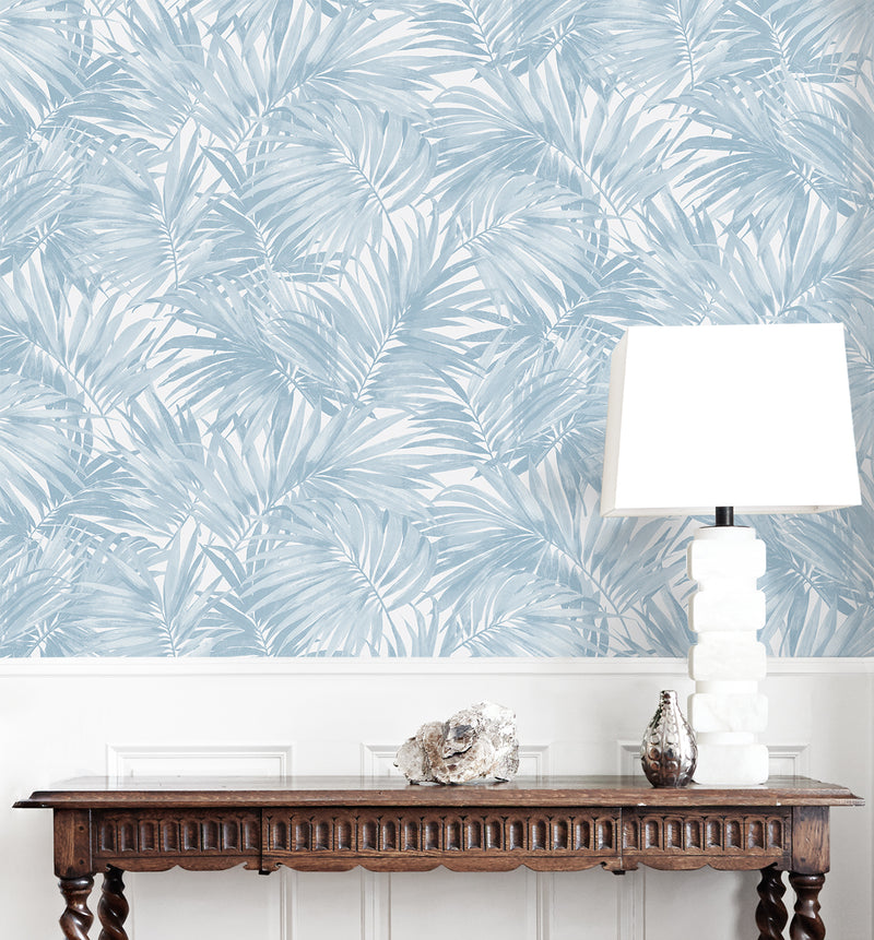 media image for Cordelia Tossed Palms Wallpaper in Blue Shale 231