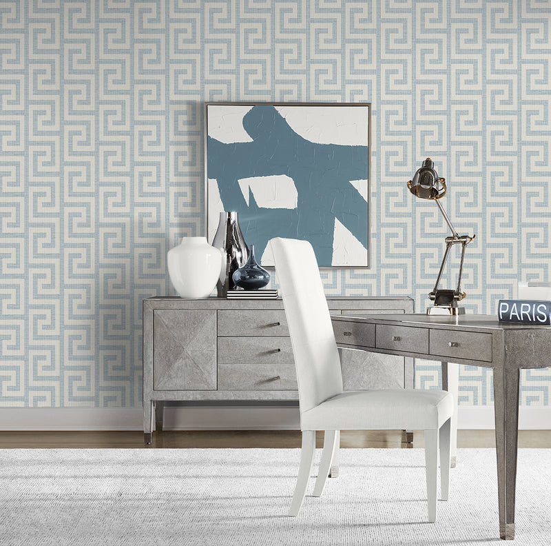 media image for Luna Retreat Greek Key Wallpaper in Skylight 270