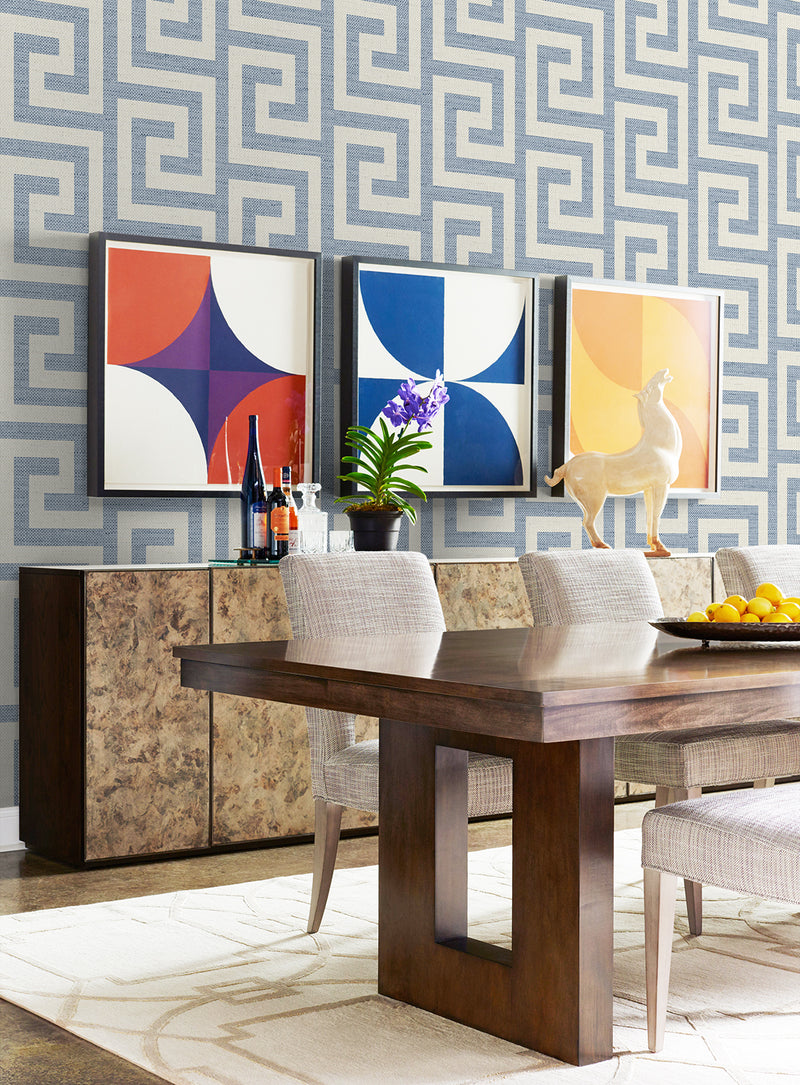 media image for Luna Retreat Greek Key Wallpaper in Blue Lake 213