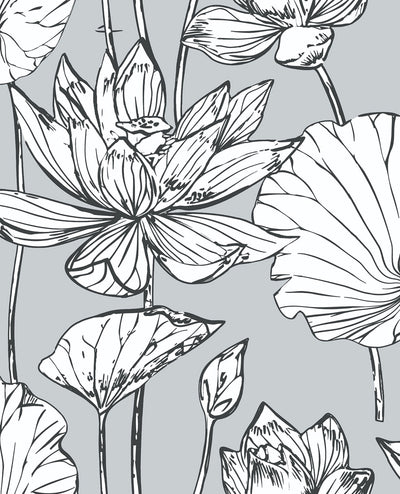 product image of Lotus Floral Peel-and-Stick Wallpaper in Grey and Ebony by NextWall 579