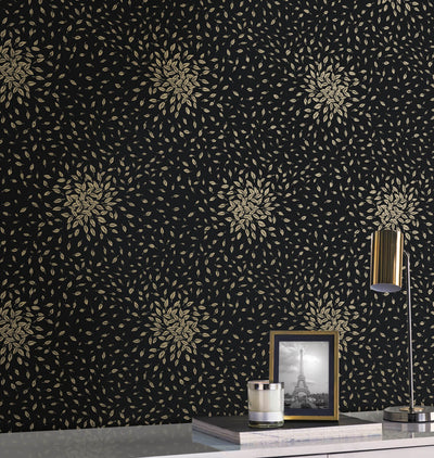 product image for Petite Leaves Wallpaper in Black/Gold from the Modern Metals Second Edition 46