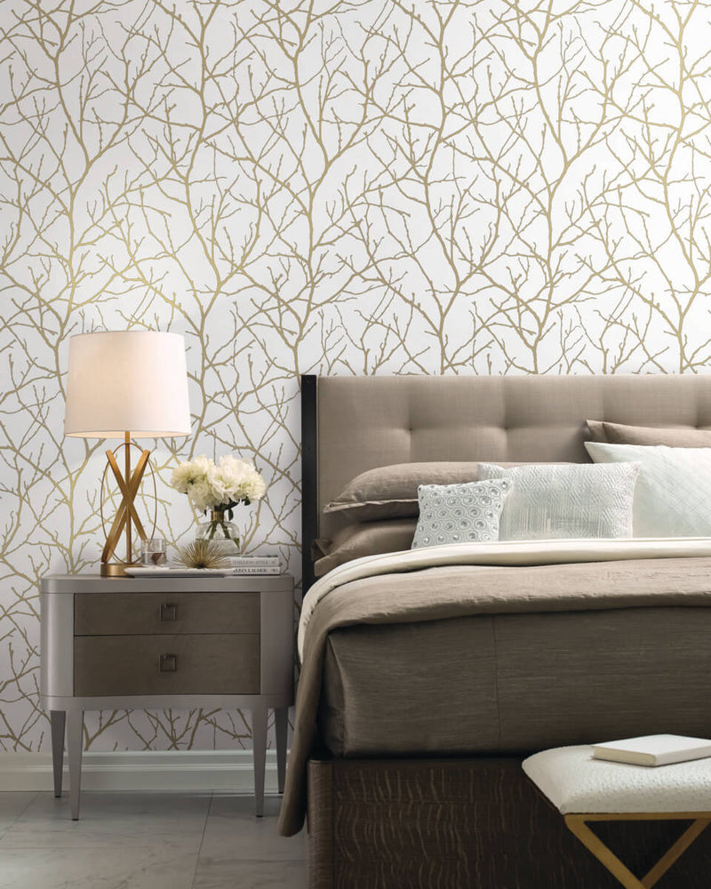 media image for Trees Silhouette Wallpaper in White/Gold from the Modern Metals Second Edition 222