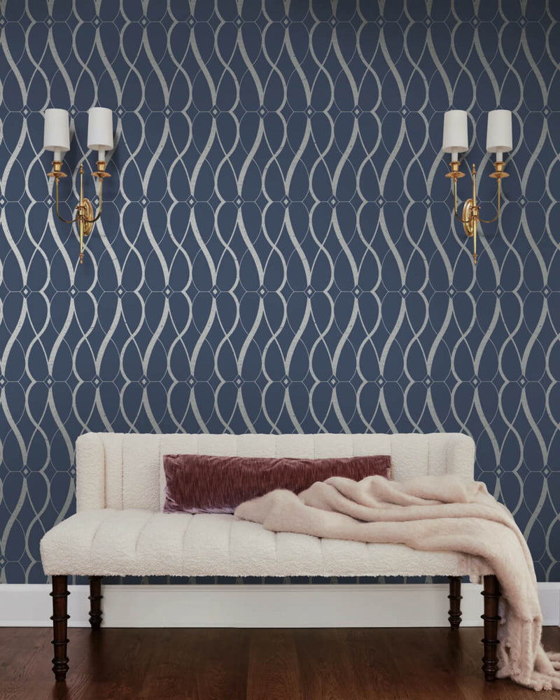 media image for Graceful Geo Wallpaper in Navy/Silver from the Modern Metals Second Edition 215