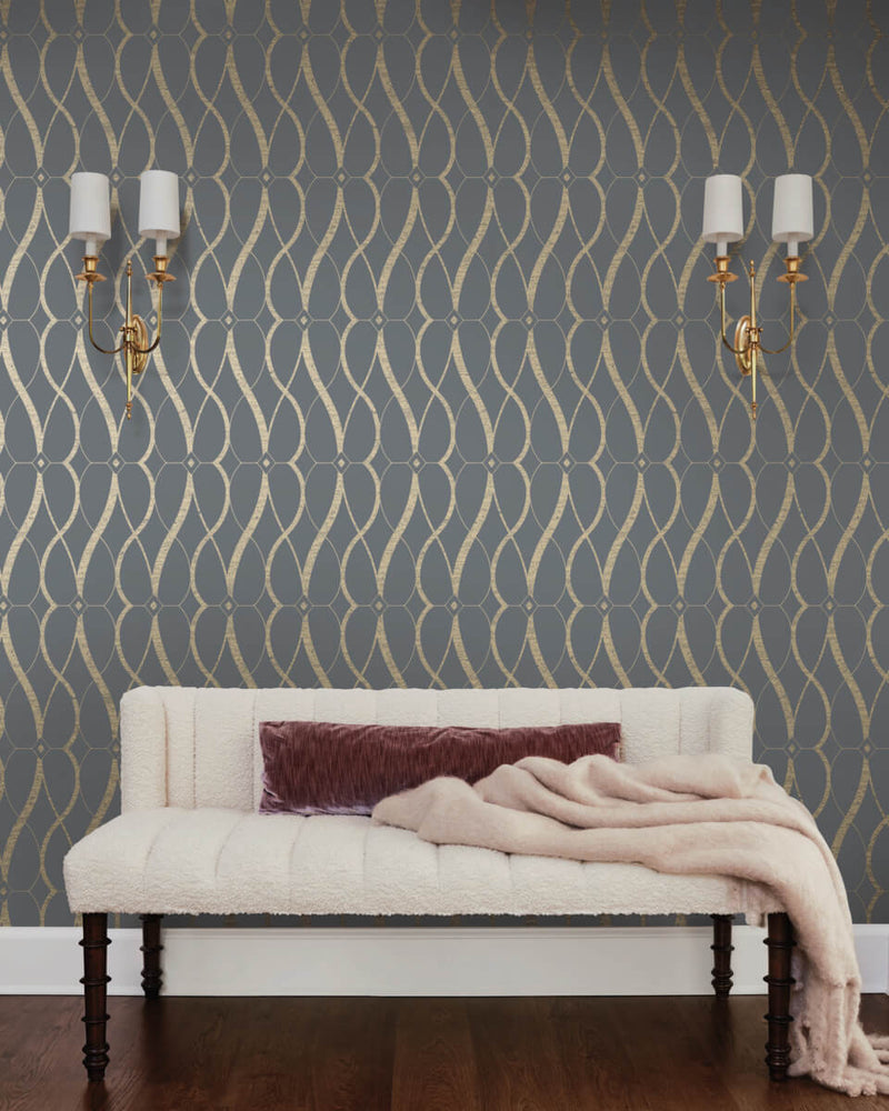 media image for Graceful Geo Wallpaper in Smoke/Gold from the Modern Metals Second Edition 288