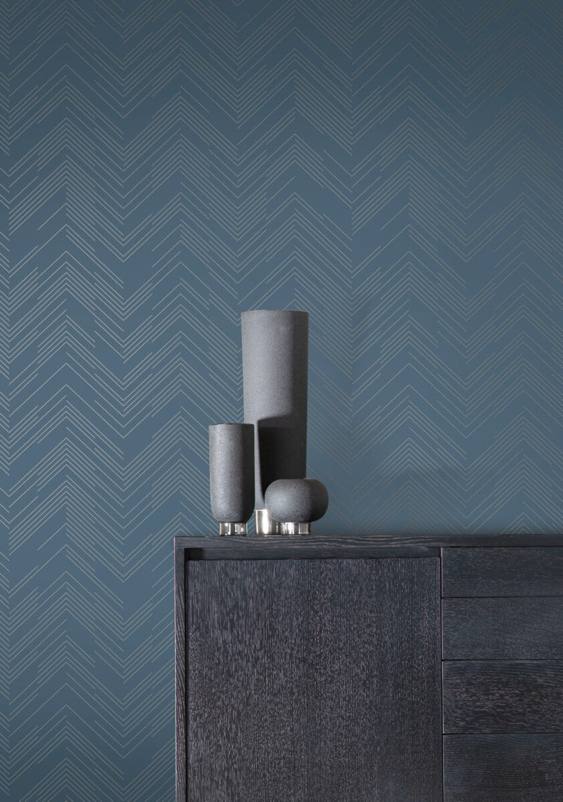 media image for Polished Chevron Wallpaper in Blue/Silver from the Modern Metals Second Edition 298