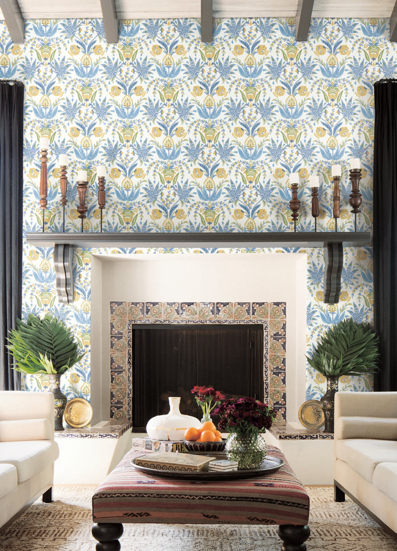 media image for Seaside Jacobean Wallpaper in White/Yellow/Blue from the Mediterranean Collection by York Wallcoverings 219