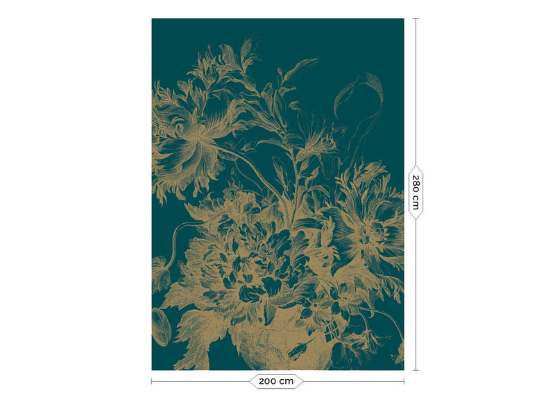 media image for Gold Metallic Wall Mural in Engraved Flowers Petrol 214