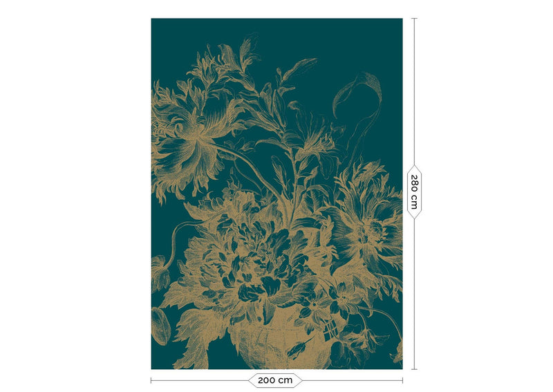 media image for Gold Metallic Wall Mural in Engraved Flowers Petrol 260