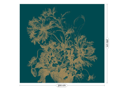 product image for Gold Metallic Wall Mural in Engraved Flowers Petrol 1