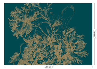 product image for Gold Metallic Wall Mural in Engraved Flowers Petrol 65
