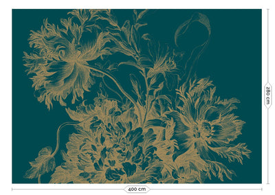 product image for Gold Metallic Wall Mural in Engraved Flowers Petrol 86