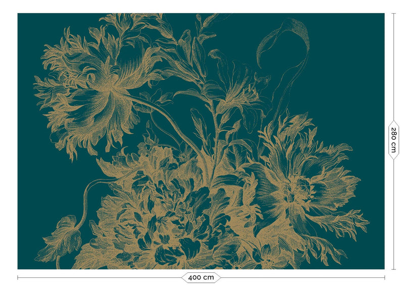 media image for Gold Metallic Wall Mural in Engraved Flowers Petrol 226