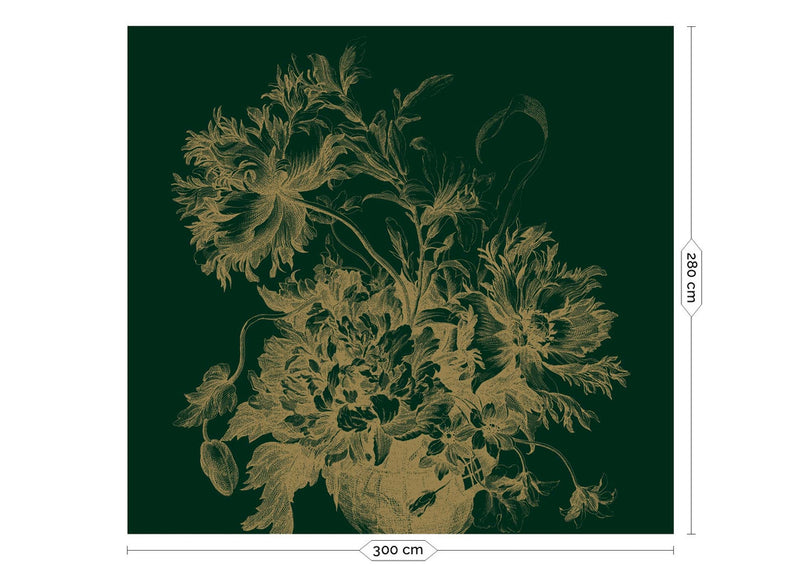 media image for Gold Metallic Wall Mural in Engraved Flowers Green 228