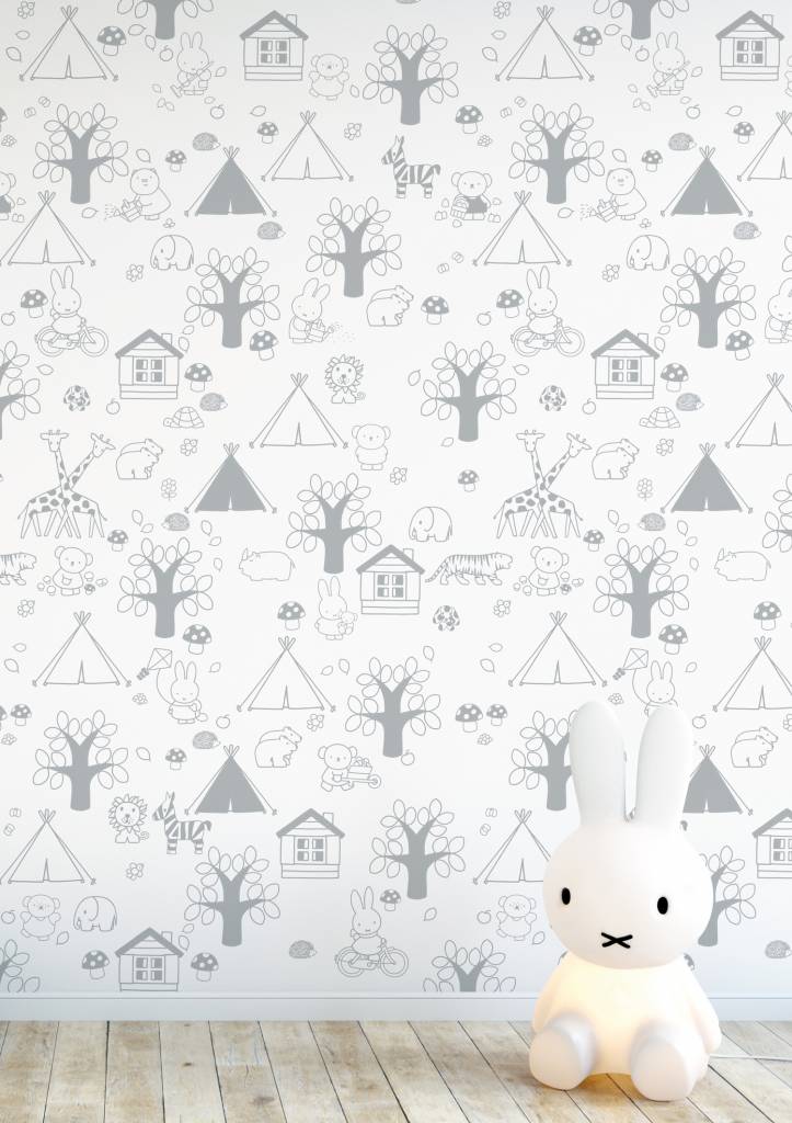 media image for Miffy Outdoor Fun Kids Wallpaper in Grey by KEK Amsterdam 24
