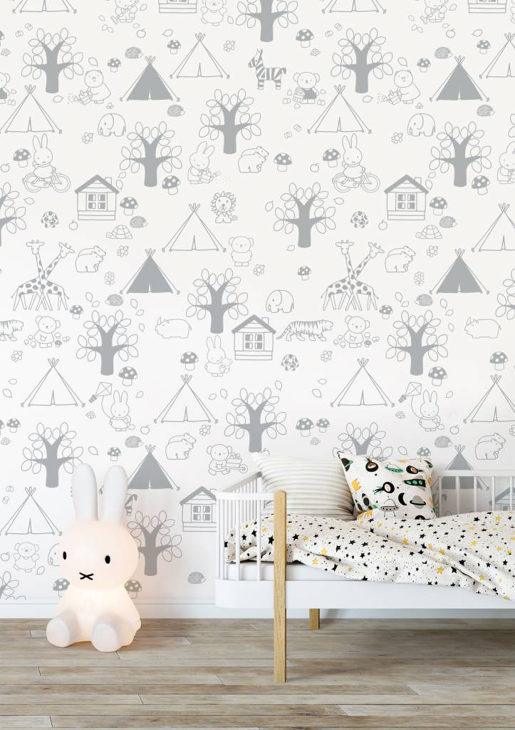 media image for Miffy Outdoor Fun Kids Wallpaper in Grey by KEK Amsterdam 216