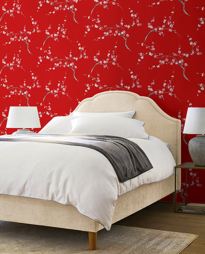 product image for Cherry Blossom Floral Peel-and-Stick Wallpaper in Scarlet and Petal Pink by NextWall 79