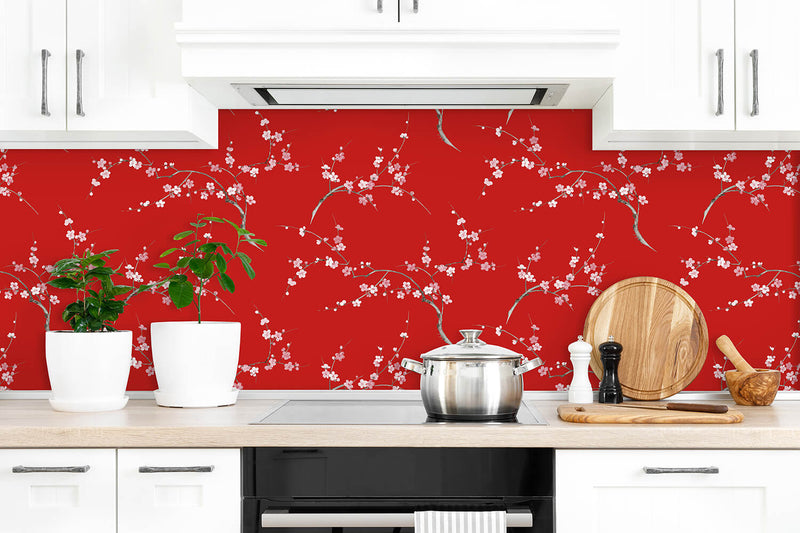 media image for Cherry Blossom Floral Peel-and-Stick Wallpaper in Scarlet and Petal Pink by NextWall 278