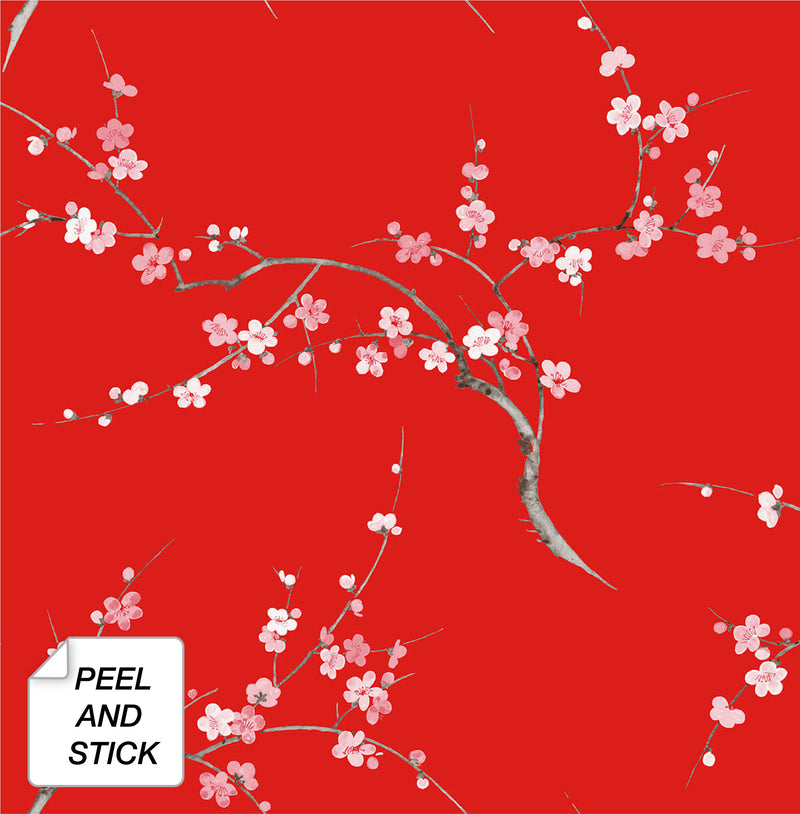 media image for Cherry Blossom Floral Peel-and-Stick Wallpaper in Scarlet and Petal Pink by NextWall 228