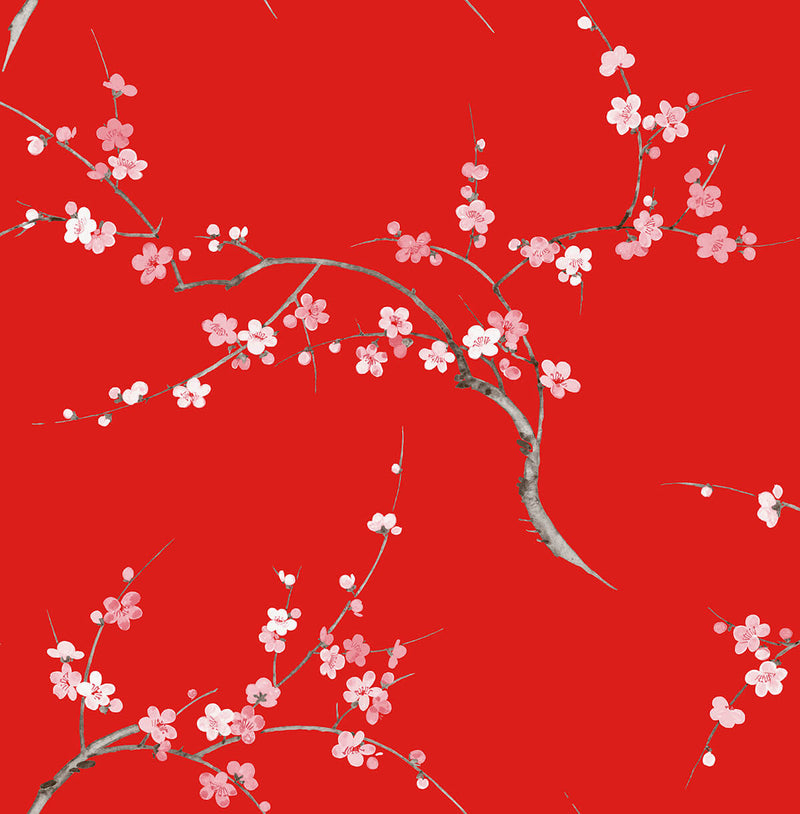 media image for Cherry Blossom Floral Peel-and-Stick Wallpaper in Scarlet and Petal Pink by NextWall 270