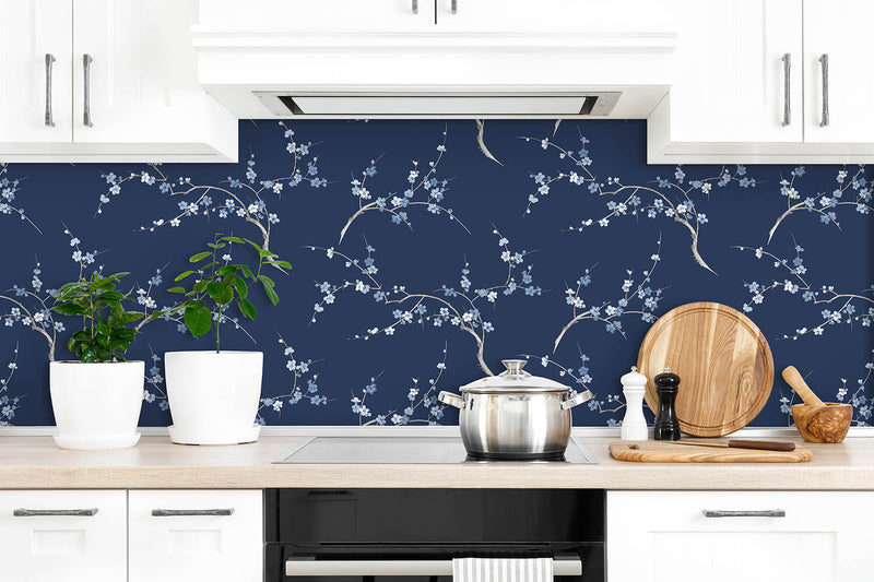 media image for Cherry Blossom Floral Peel-and-Stick Wallpaper in Navy and Blue Jay by NextWall 299