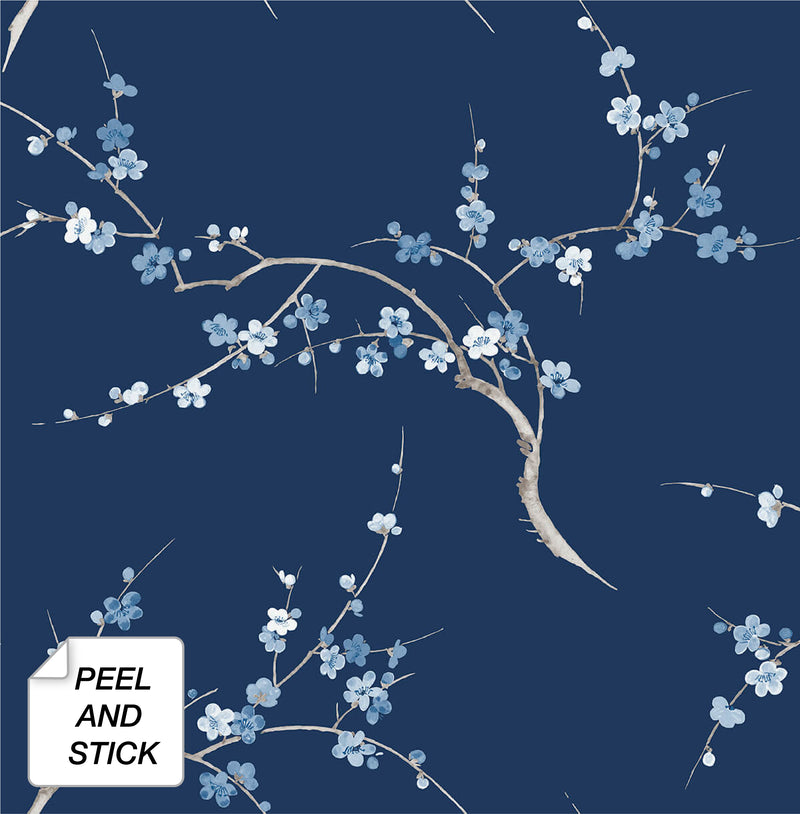 media image for Cherry Blossom Floral Peel-and-Stick Wallpaper in Navy and Blue Jay by NextWall 289