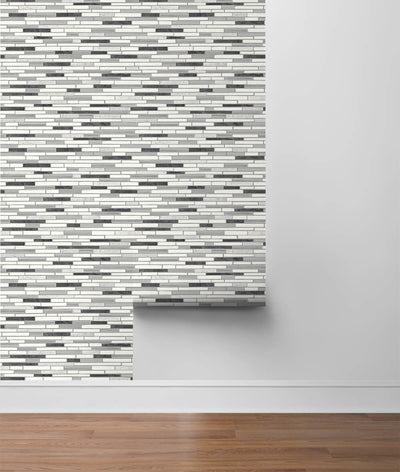 product image for Faux Mosaic Strip Tile Peel-and-Stick Wallpaper in Wrought Iron and Grey by NextWall 4