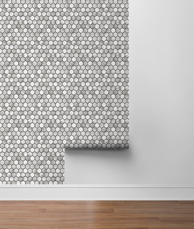 product image for Marble Hexagon Peel-and-Stick Wallpaper in Carrara and Wrought Iron by NextWall 54